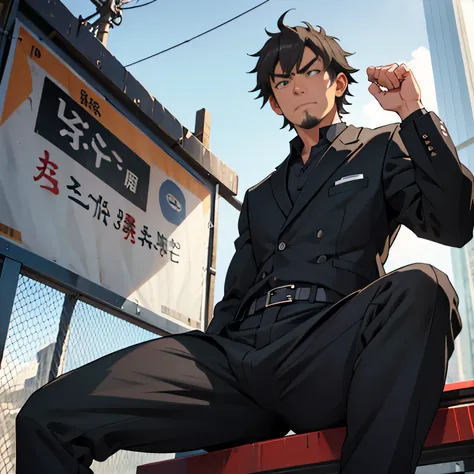 20 years old,, Simple Black Single Suit , Cool fighting pose ,Spread your legs wider,black belt,Black socks,Black leather shoes,logic, Gay ,Brown Hair, Shorthair, thick eyebrows,Stubble, Lightly Set Your Hair with Wax , Hachiman Hachiman,Masculine,salaryma...