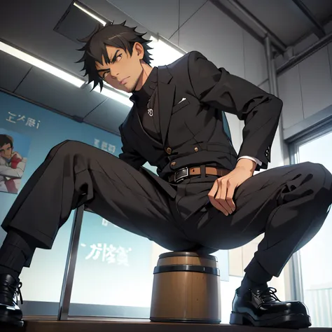 20 years old,, Simple Black Single Suit , Cool fighting pose ,Spread your legs wider,black belt,Black socks,Black leather shoes,logic, Gay ,Brown Hair, Shorthair, thick eyebrows,Stubble, Lightly Set Your Hair with Wax , Hachiman Hachiman,Masculine,salaryma...