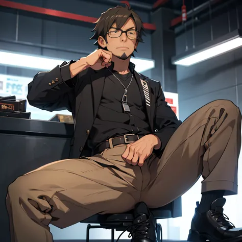 20 years old,, Simple Black Single Suit , Cool fighting pose ,Spread your legs wider,black belt,Black socks,Black leather shoes,logic, Gay ,Brown Hair, Shorthair, thick eyebrows,Stubble, Lightly Set Your Hair with Wax , Hachiman Hachiman,Masculine,salaryma...