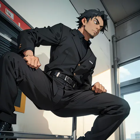 20 years old,, Simple Black Single Suit , Cool fighting pose ,Spread your legs wider,black belt,Black socks,Black leather shoes,logic, Gay , black hair, Shorthair, thick eyebrows,Stubble, Lightly Set Your Hair with Wax , Hachiman Hachiman,Masculine,salarym...