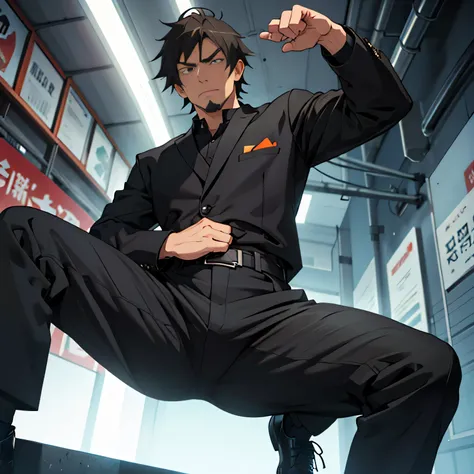 20 years old,, Simple Black Single Suit , Cool fighting pose ,Spread your legs wider,black belt,Black socks,Black leather shoes,logic, Gay ,Brown Hair, Shorthair, thick eyebrows,Stubble, Lightly Set Your Hair with Wax , Hachiman Hachiman,Masculine,salaryma...