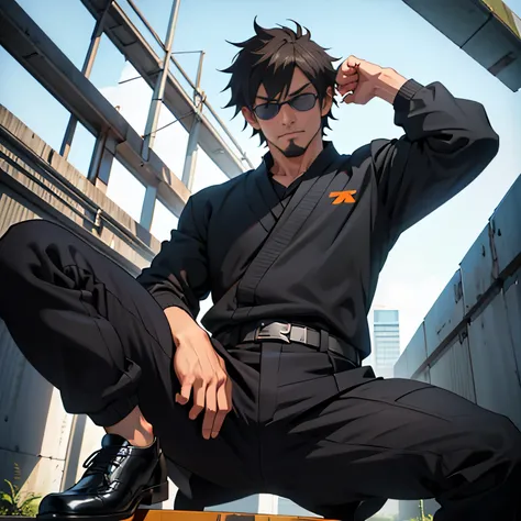 20 years old,, Simple Black Single Suit , Cool fighting pose ,Spread your legs wider,black belt,Black socks,Black leather shoes,logic, Gay ,Brown Hair, Shorthair, thick eyebrows,Stubble, Lightly Set Your Hair with Wax , Hachiman Hachiman,Masculine,salaryma...