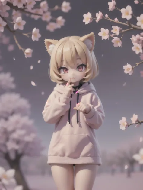 (masterpiece:1.2, super detailed ,1.5, Unity 8K Wallpaper, Detailed Fingers :1.2), cherry blossoms:1.5, girl, Adorable, Cat ears,Blonde, Short Hair,Red eyes,Big Eyes,Black collar,Purple hoodie, cherry blossoms並木, cherry blossoms吹雪