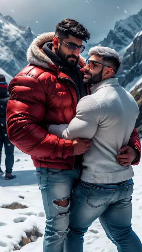 indian muscular daddy Arjun khanna gay couple hunk proposing to each other, Arjun khanna give red rose flower to another man and another man hold red rose in hand snow flakes stuck in indian daddy beared and hair. perfect angel view, two indian beared dadd...