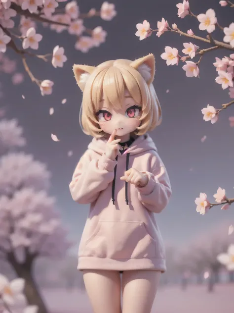 (masterpiece:1.2,   super detailed ,1.5,  Unity 8K Wallpaper,  Detailed Fingers :1.2), cherry blossoms:1.5,  girl, Adorable, Cat ears,Blonde, Short Hair,Red eyes,Big Eyes,Black collar,Purple hoodie, cherry blossoms row of trees, cherry blossoms snowstorm
