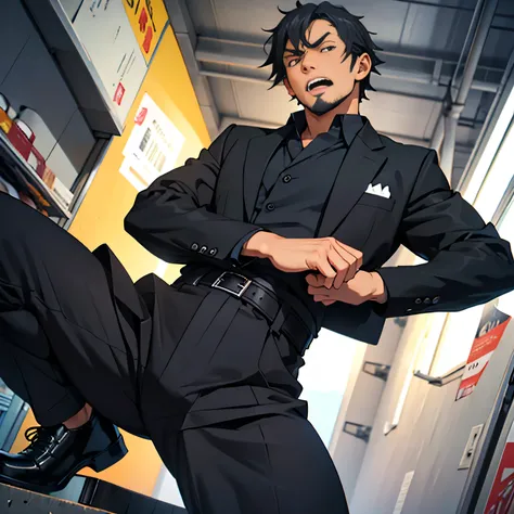 20 years old,, Simple Black Single Suit , Cool fighting pose ,Spread your legs wider,black belt,Black socks,Black leather shoes,logic, Gay , black hair, Shorthair, thick eyebrows,Stubble, Lightly Set Your Hair with Wax , Hachiman Hachiman,Masculine,salarym...