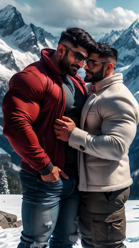 indian muscular daddy Arjun khanna gay couple hunk proposing to each other, Arjun khanna give red rose flower to another man and another man hold red rose in hand snow flakes stuck in indian daddy beared and hair. perfect angel view, two indian beared dadd...