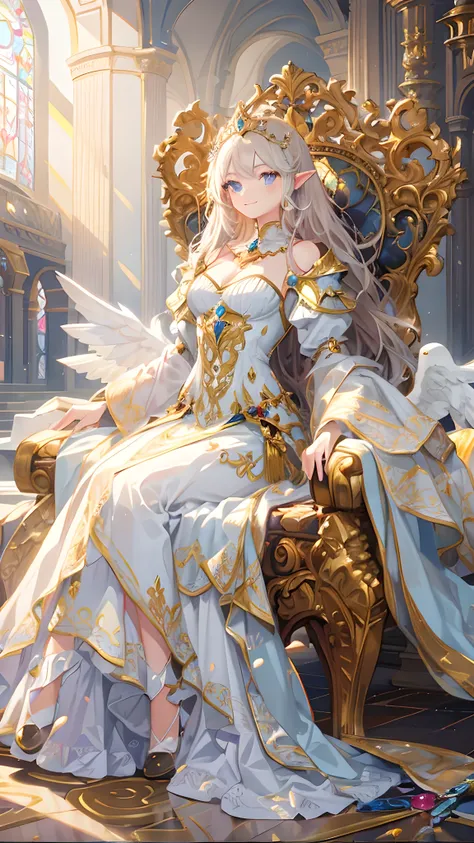 there is a woman in a white dress sitting on a gold chair, ((a beautiful fantasy empress)), a beautiful fantasy empress, ethereal fantasy, portrait of queen of light, beautiful and elegant elf queen, detailed fantasy art, elegant cinematic fantasy art, ang...