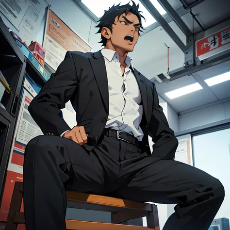 20 years old,, Simple Black Single Suit , Cool fighting pose ,Spread your legs wider,black belt,Black socks,Black leather shoes,logic, Gay , black hair, Shorthair, thick eyebrows,Stubble, Lightly Set Your Hair with Wax , Hachiman Hachiman,Masculine,salarym...