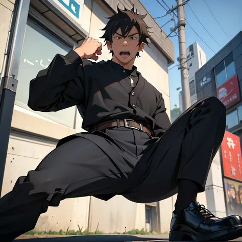 20 years old,, Simple Black Single Suit , Cool fighting pose ,Spread your legs wider,black belt,Black socks,Black leather shoes,logic, Gay ,Brown Hair, Shorthair, thick eyebrows,Stubble, Lightly Set Your Hair with Wax , Hachiman Hachiman,Masculine,salaryma...