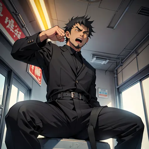 20 years old,, Simple Black Single Suit , Cool fighting pose ,Spread your legs wider,black belt,Black socks,Black leather shoes,logic, Gay , black hair, Shorthair, thick eyebrows,Stubble, Lightly Set Your Hair with Wax , Hachiman Hachiman,Masculine,salarym...