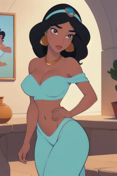 (Masterpiece, best quality: 1.2), solo focus, a sophisticated fanart, artwork about princess Jasmine, gazing lovingly and gently and serenely at the viewer, solo, alone, looking at viewer, centered and direct eyes, leaning-in close, face pov, beautiful fac...