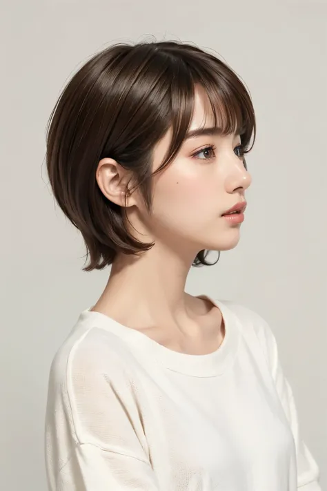 ( 最 High Quality 、 table top 、8k、 High Quality 、Award-winning works)、(( profile:1.4))、、(( short hair on the nose :1.46)),( Brown belly )、(white casual clothes :1.2)、( simplest pure white background :1.3)、(Perfectly fixed in front:1.1),( Portrait w...