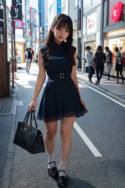 1japanese girl, cute dress, flats, long hair, bang, black hair, hand bag, smile, standing, in street of harajuku, BREAK, (full body shot) BREAK, (masterpiece, best quality:1.4), (8k, raw photo, photorealistic:1.2), ultra high res, detailed skin, detailed f...