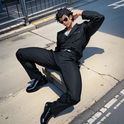 20 years old,, Simple Black Single Suit ,  lying on the ground  ,Spread your legs wider,black belt,Black socks,Black leather shoes,logic, Gay , black hair, Shorthair, thick eyebrows,Stubble, Lightly Set Your Hair with Wax , Hachiman Hachiman,Masculine,sala...