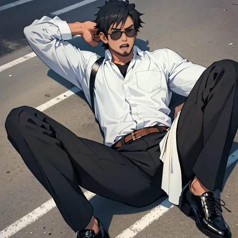 20 years old,, Simple Black Single Suit ,  lying on the ground  ,Spread your legs wider,black belt,Black socks,Black leather shoes,logic, Gay , black hair, Shorthair, thick eyebrows,Stubble, Lightly Set Your Hair with Wax , Hachiman Hachiman,Masculine,sala...