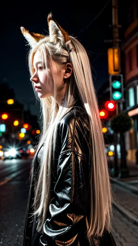 Best image quality, The image shows a girl with long white hair, with ears resembling those of a fox on her head. The girl appears to be standing on a city street at night, with the lights of buildings and traffic signals illuminated in the background. She...