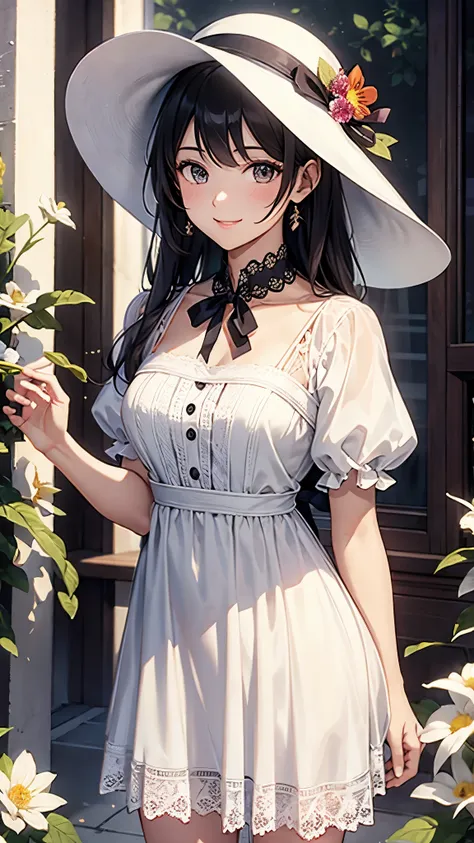 (( best quality)),( ultra high resolution),( super detailed),( detailed description ),(( best CG )),(masterpiece), Highly Detailed Art ,( Art with Precise Details:1.5), (woman:1.7),( gentle smile:1.4),( dress:1.6),(Flower Hat:1.5, Long ribbon:1.4),Unrefres...