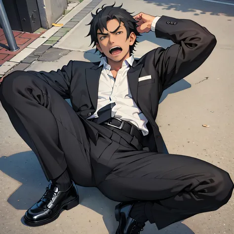 20 years old,, Simple Black Single Suit ,  lying on the ground  ,Spread your legs wider,black belt,Black socks,Black leather shoes,logic, Gay , black hair, Shorthair, thick eyebrows,Stubble, Lightly Set Your Hair with Wax , Hachiman Hachiman,Masculine,sala...