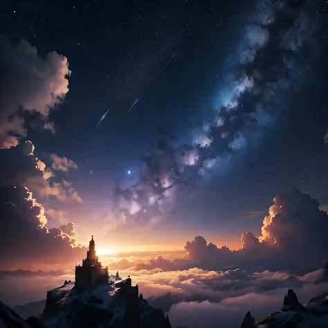 Design a scene where the stars are connected by threads of glowing light and appear to be a vast web of cosmic whispers. Add an ethereal cloud of shimmering, ethereal clouds of stardust.
Landscape only. Do not create people.