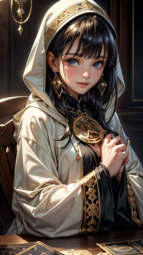  masterpiece ,   best quality,   ultra high resolution, (photoRealistic:1.4),   RAW photo, 8K Photo,  Impressionist Paintings  , Realistic,   Gold Earrings  、    beautiful eyes 、A beautiful young girl is laughing ，  hooded clothes  ，(((  Girl with Bangs ,)...