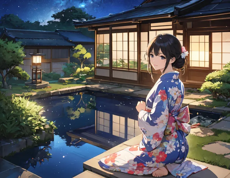 (masterpiece,  best quality:1.2),  one girl, Alone,Old Japanese house、Beautiful garden、Pool、yukata、 starry sky 、