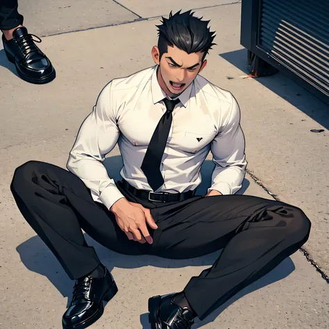 20 years old,, simple black single suit ,  black slim pants 、 lying on the ground  ,spread your legs wider,black belt,black sock...