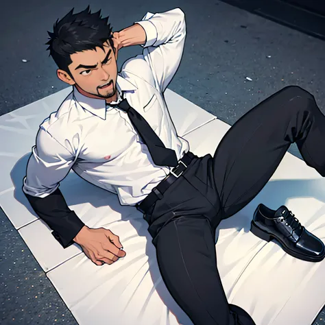 20 years old,,Simple white shirt、black tie,  black slim pants 、 lying on the ground  ,Spread your legs wider,black belt,Black socks,Black leather shoes,logic, Gay , black hair, Shorthair, thick eyebrows,Stubble, Lightly Set Your Hair with Wax ,,Masculine,s...