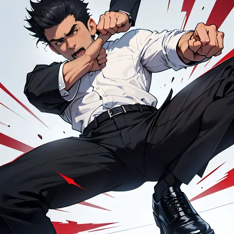 20 years old,,Simple white shirt、black tie,  black slim pants 、Cool fighting pose ,Spread your legs wider,black belt,Black socks,Black leather shoes,logic, Gay , black hair, Shorthair, thick eyebrows,Stubble, Lightly Set Your Hair with Wax ,,Masculine,sala...