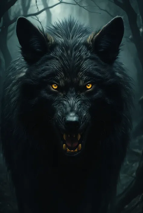 Full length view. Dark, creepy horror (werewolf) evil but beautiful face, glossy dark cherry yellow hellish look, frighteningly beautiful expressive look in the style of Ashley Wood. Stephen Gammell.-Ar 9:16 --stylize 750