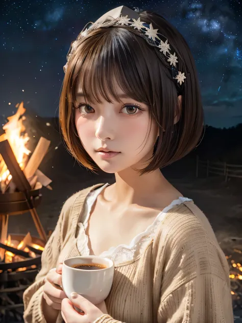  best quality, Face focus, Soft light,  ultra high resolution, (Realistic:1.4),  RAW photo,Outdoor,(((bonfire)))、dim、((( starry sky )))、 coffee cup 、 steam 、 Camp、tents
Japanese , Alone, cute, (pupil, Light in your eyes),   Beautiful Facial Details , (Goth...