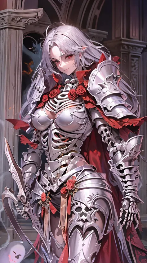 (( best quality)),( ultra high resolution),( super detailed),( detailed description ),(( best CG )),(masterpiece), Highly Detailed Art ,( Art with Precise Details:1.5), (Female Ghost Knight:1.7),(Skeletal Armor :1.6,complex skeleton :1.6),( deep cleavage:1...