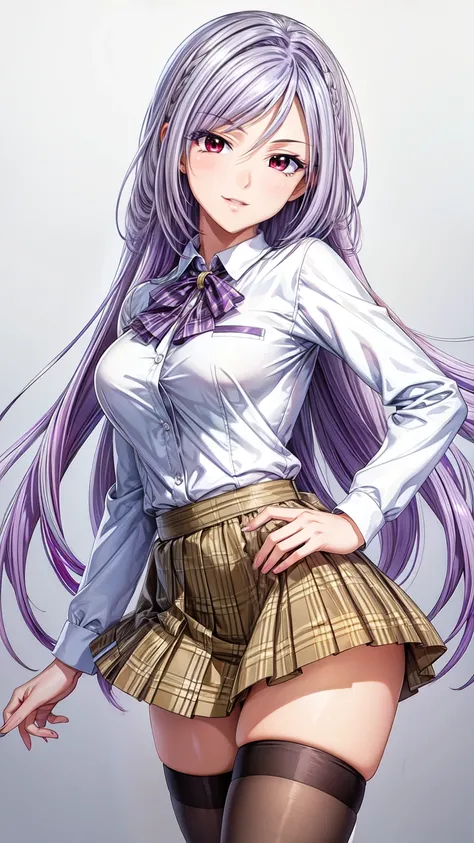 (masterpiece, best quality, beautiful and aesthetic:1.3),1woman, ((very mature woman)),(30 years old, thirties), solo, light smile,  (silver hair streaked white:1.4), (Gradient purple hair ends:1.6), hair strand, absurdly long hair, single sidelock, wavy h...