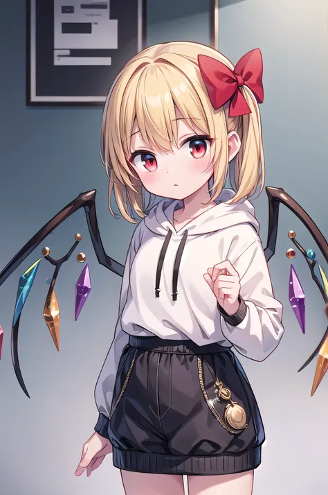 A detailed, masterpiece, best quality, expressive, full body portrait of a lone girl, Flandre Scarlett, with long yellow hair tied in twin tails, red eyes, short hair, young adult age, from the Touhou Project, wearing only a white hoodie, no pants, high qu...