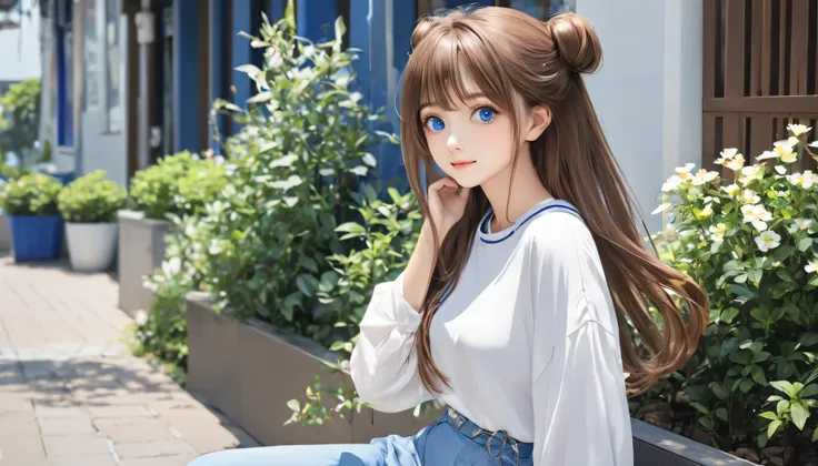 a girl 、 Charming beautiful blue eyes 、long hair， with two brown hair buns 、 casual outfit 