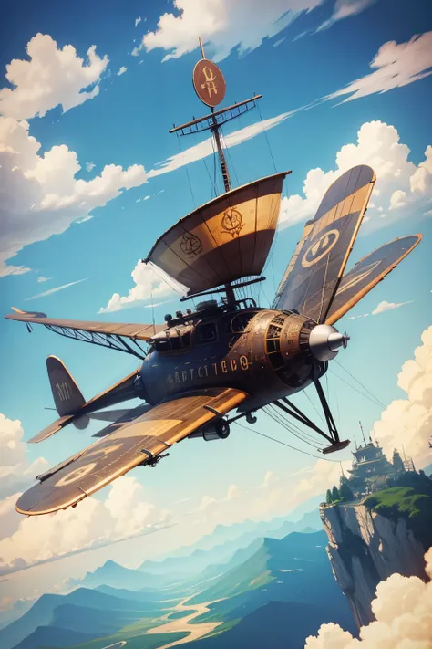 ( best quality:1.2)。steampunk。steampunk flying machine。 background is blue sky and white clouds 。