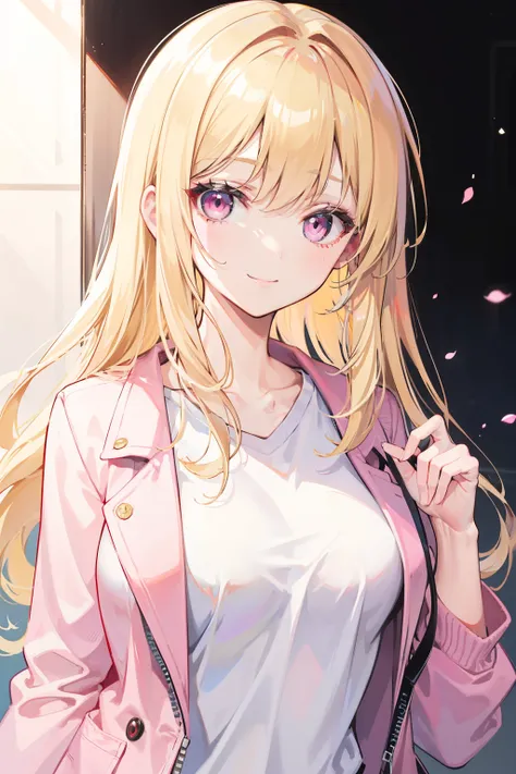 Adult woman, long blonde hair, pink eyes, white shirt, pink jacket, smile