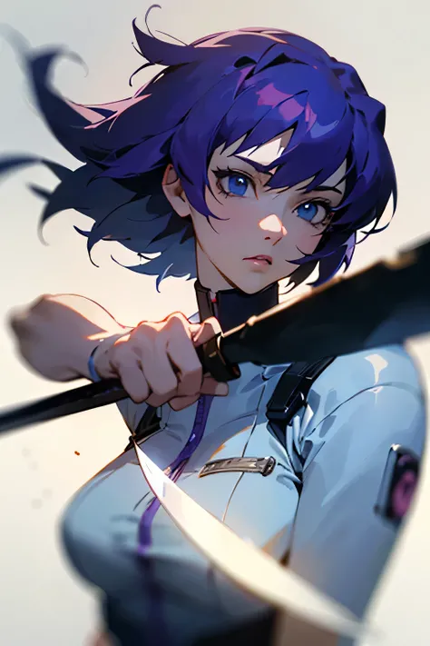 (( best quality)), ((masterpiece)), (  Details), 16k,The world of Motoko Kusanagi, Side Lighting , depth of field, blue eyes, Vantage Fashion,Looking straight ahead,Holding a knife