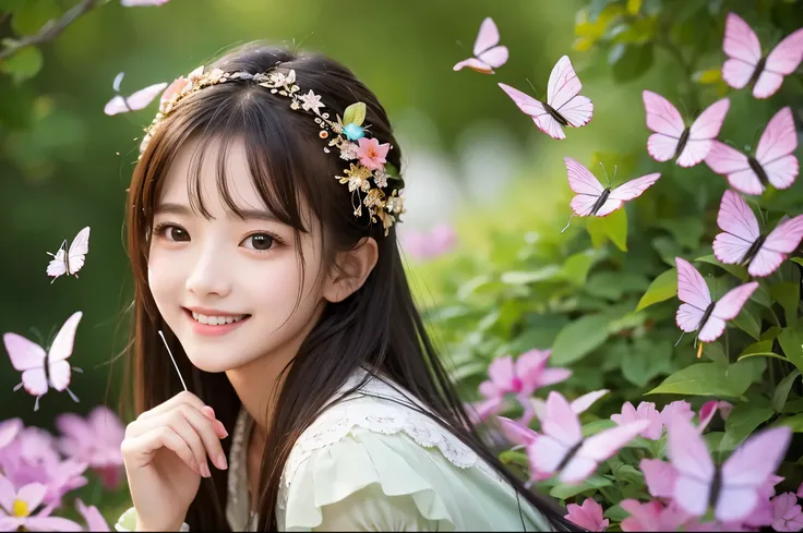  best quality　masterpiece　 Details　 super cute girl is smiling　Butterflies 々 are flying around the girl 　Photo style　 fantasy　 fairy tale　 imaginary　 close-up