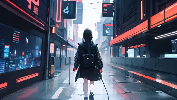 ((best quality)), ((masterpiece)), (detailed), One Woman、Long black hair、A back view of a man walking through a futuristic neon city, wearing headphones .night