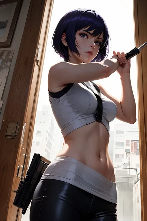 (( best quality)), ((masterpiece)), (  Details), 16k,The world of Motoko Kusanagi, Side Lighting , depth of field, blue eyes, almond eye, Vantage Fashion,Looking straight ahead,Holding a knife