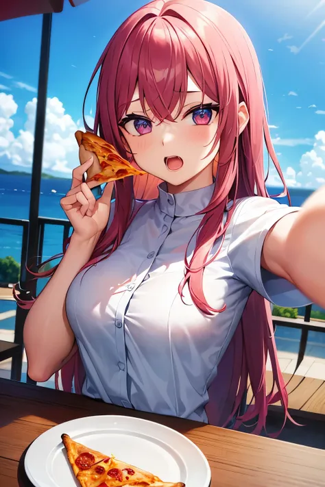 1girl,Im eating pizza with my right hand,  has an open mouth, long shot