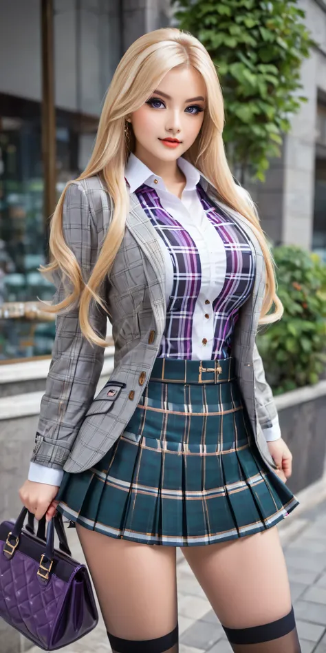 A blonde woman, , sports jacket、High , miniskirt, plaid skirt、unbuttoned transparent shirt, plaid pleated skirt, JK Style、very sexy、a slight smile、garter belts、Stockings、pantyhose、transcendent beauty、beautiful shape 、double tail hair、Long hair straight hai...