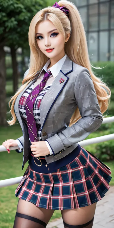 A blonde woman, , sports jacket、High , miniskirt, plaid skirt、unbuttoned transparent shirt, plaid pleated skirt, JK Style、very sexy、a slight smile、garter belts、Stockings、pantyhose、transcendent beauty、beautiful shape 、double tail hair、Long hair straight hai...