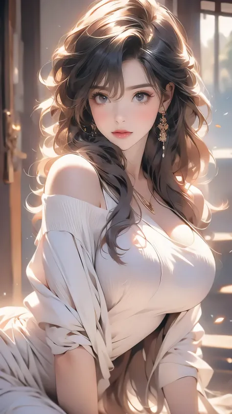 japanese girl,  off_shoulder sweater, suggestive,(medium hair:1), huge heavy breasts, Huge saggy breasts