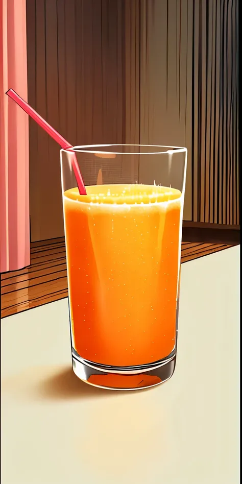 anime juice glass, orenge juice glass on table, home, glass, living room, anime juice glass on the table , straw