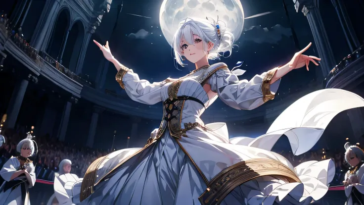 A girl with white hair dancing on a moonlit stage