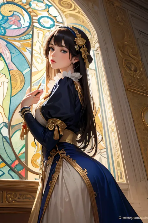 (( best quality)), ((masterpiece)), (  Details), 16k,The world of Alphonse Mucha,One beautiful girl, Side Lighting , depth of field, blue eyes, building standing on the edge, almond eye, Vantage Fashion,Looking straight ahead