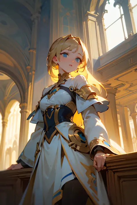 (( best quality)), ((masterpiece)), (  Details), 16k,The world of Alphonse Mucha,One beautiful girl, Side Lighting , depth of field, blue eyes, building standing on the edge, almond eye, Vantage Fashion,Looking straight ahead