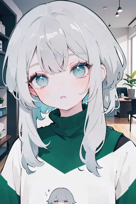 1girl,1human,grey_hair,green_eyes,cool,sweatershirt,living_room,1face,